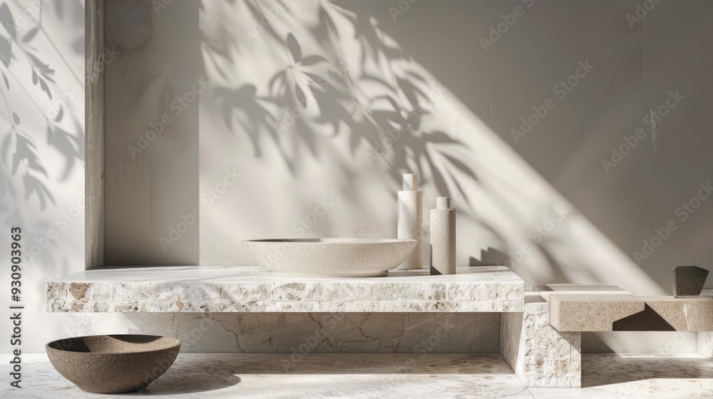 Modern product display featuring clean lines, stone, and natural leaf shadows Modern product display featuring clean lines, stone, and natural leaf shadows