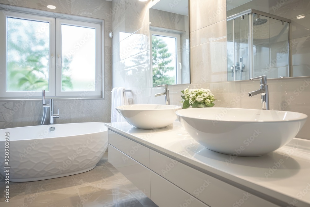 Spacious and elegant white bathroom with modern fixtures Spacious and elegant white bathroom with modern fixtures