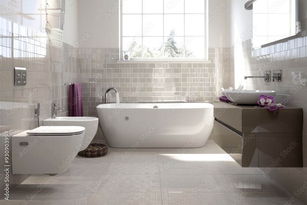 Elegant and modern white bathroom with a focus on simplicity Elegant and modern white bathroom with a focus on simplicity