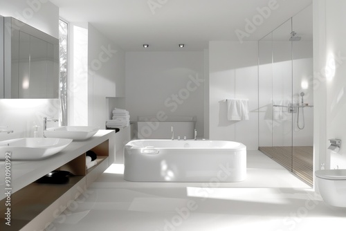 Spacious white bathroom with a minimalist design and contemporary fixtures