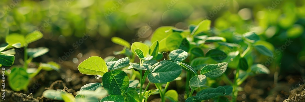 Fototapeta premium Newly sprouted green soybean plants in a field during early growth stages
