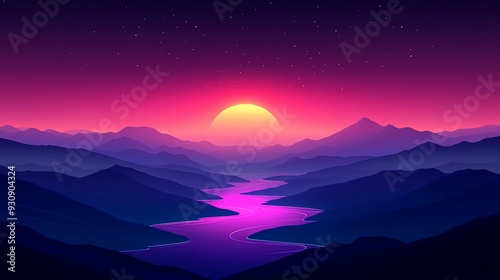 A breathtaking digital sunset over serene mountains and a tranquil river, showcasing vibrant colors and peaceful nature.