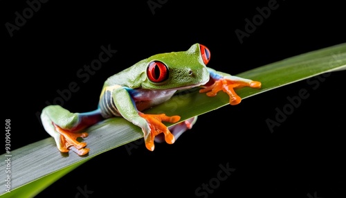 red eyed tree frog agalychnis callidryas on a leaf with black background photo