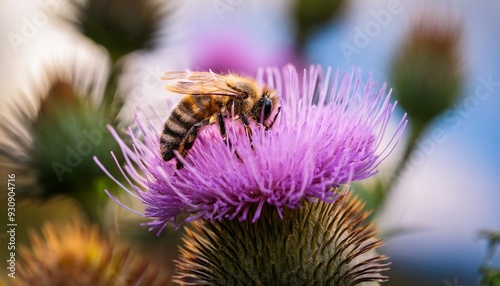 bee looking for pollen on purple thistle