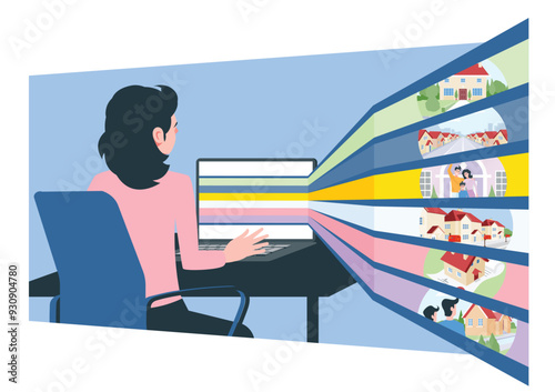A woman searches for real estate on a computer. Search for Real Estate, Property and Homes.