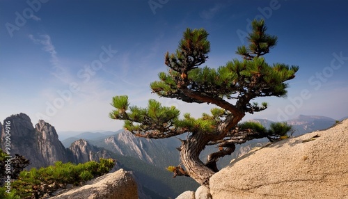 relict pine grows from a rock in the mountains photo