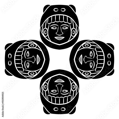 Square ethnic design with four Aztec heads of god Ehecatl. Human face in animal helmet. Indian warrior. Indigenous Native American art. Black and white silhouette. photo