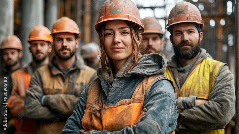 A powerful portrait of a group of construction workers, including women, all standing together proudly on a construction site,