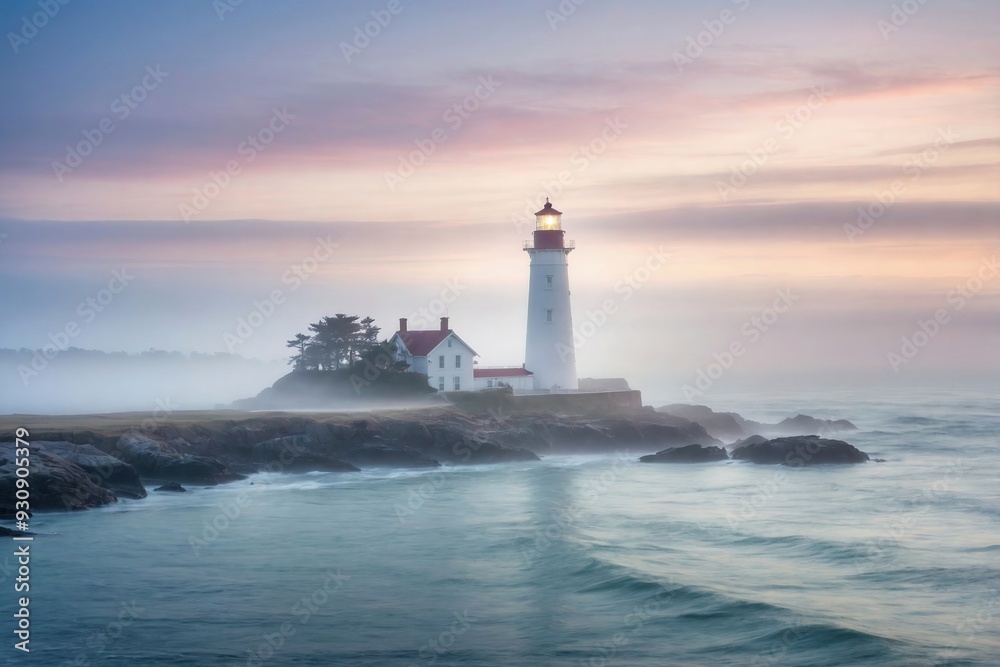 Lighthouse Standing Tall in the Early Morning Mist with Gentle Waves Lighthouse Standing Tall in the Early Morning Mist with Gentle Waves