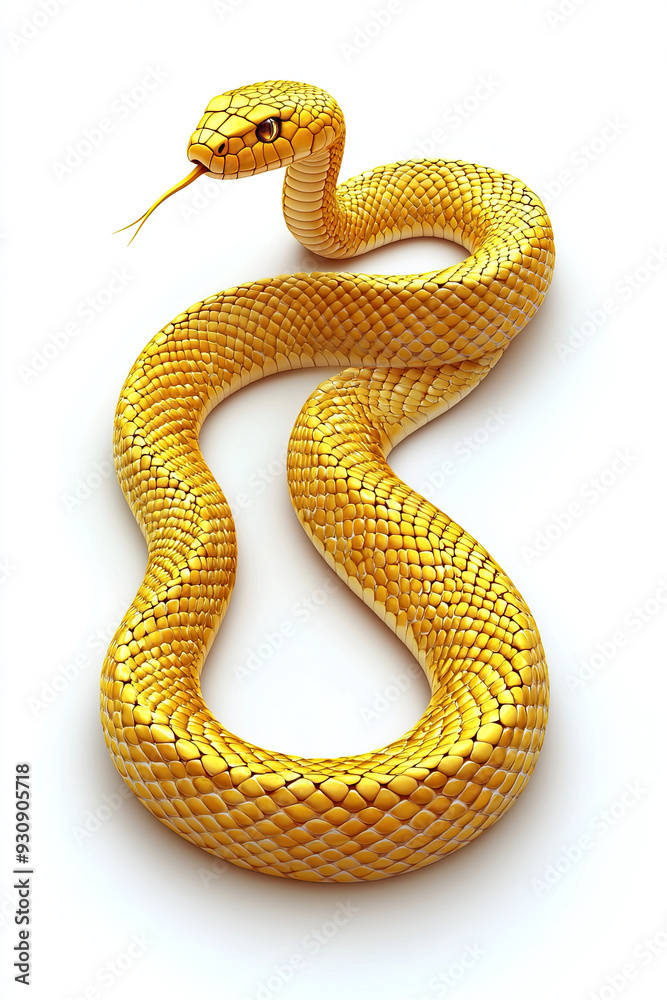 Fototapeta premium Golden Snake Isolated on White Background, Luxurious Metallic Texture, Elegant Reptile Design, Shimmering Scales, High-Contrast Visuals, Exotic Animal Illustration