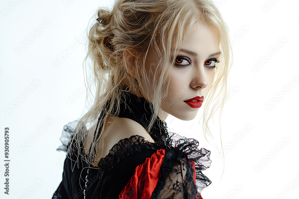 Halloween, Close-up of a gothic vampire woman with piercing red eyes, dark makeup, and lace attire, exuding a mysterious, seductive aura.
Halloween, Close-up of a gothic vampire woman with piercing red eyes, dark makeup, and lace attire, exuding a mysterious, seductive aura.
