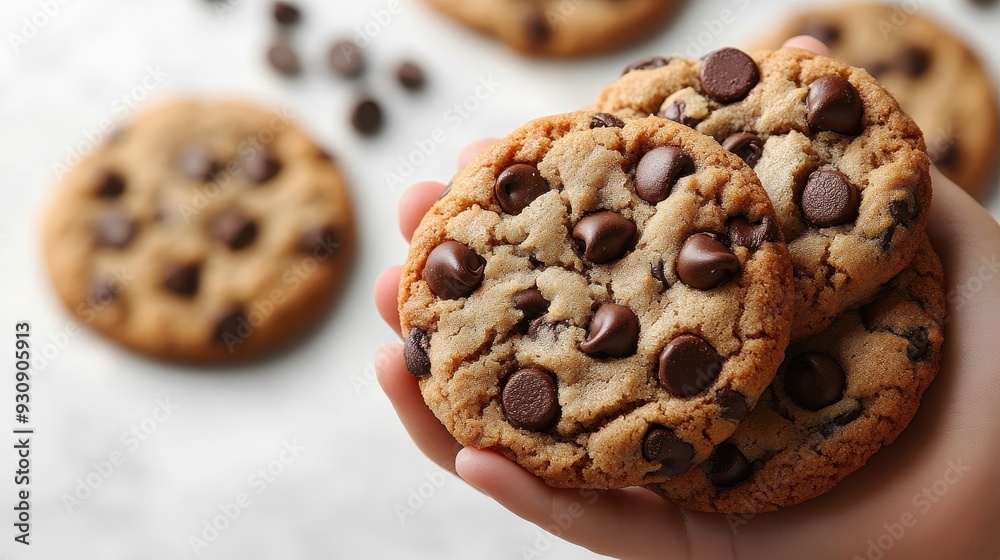 Close-Up of Child's Hand Holding Chocolate Chip Cookies on White Background with Copy Space - Web Banner Design Close-Up of Child's Hand Holding Chocolate Chip Cookies on White Background with Copy Space - Web Banner Design