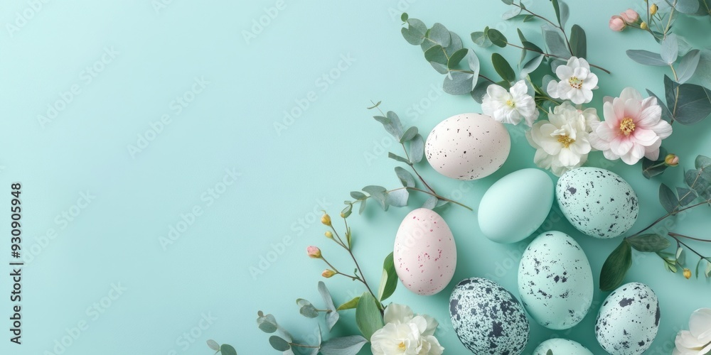 Easter Eggs with Floral Accent on Blue Background Easter Eggs with Floral Accent on Blue Background