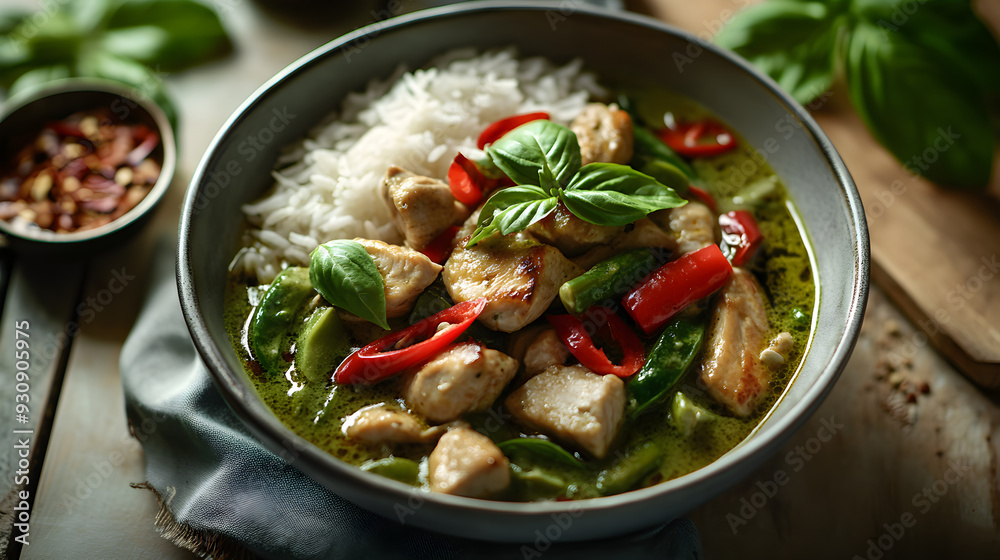 Curry verde tailandés con pollo, verduras y albahaca Curry verde tailandés con pollo, verduras y albahaca