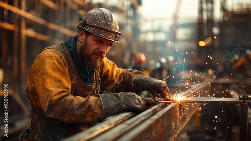 A dynamic construction site scene featuring welders, mechanics, and construction workers collaborating on a large-scale project,