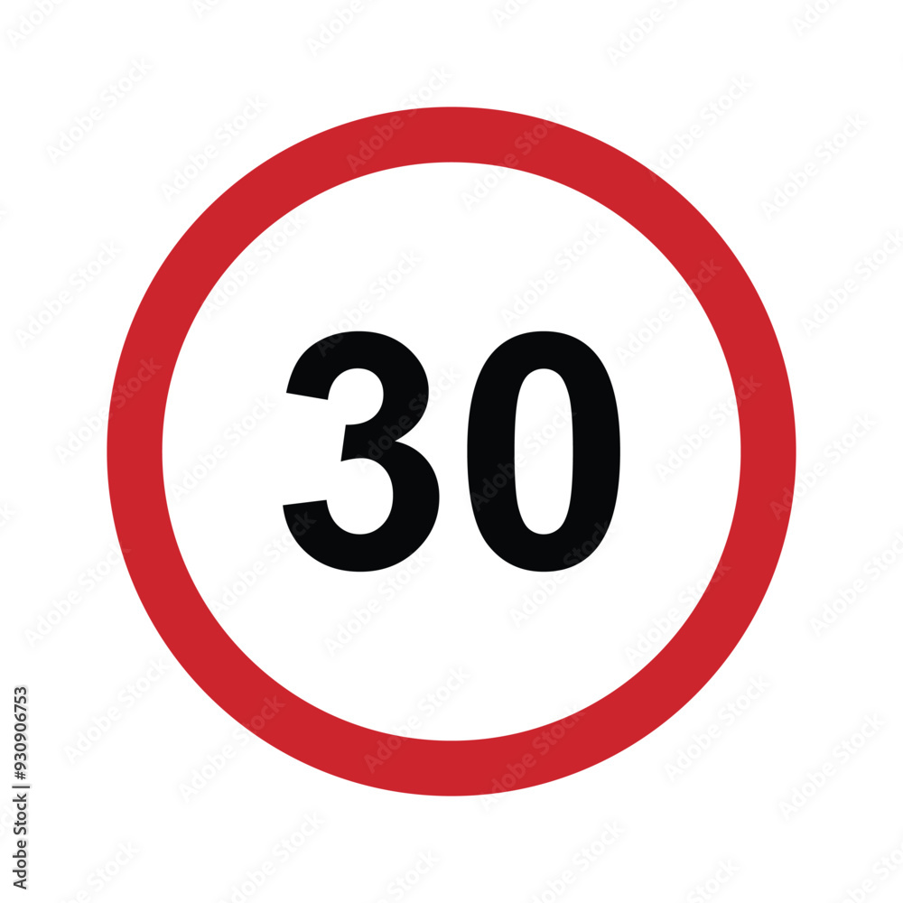 Speed limit 30 round road traffic icon sign flat style design vector illustration isolated on white background. Circle standard road sign with number 30kmh. Speed limit 30 round road traffic icon sign flat style design vector illustration isolated on white background. Circle standard road sign with number 30kmh.