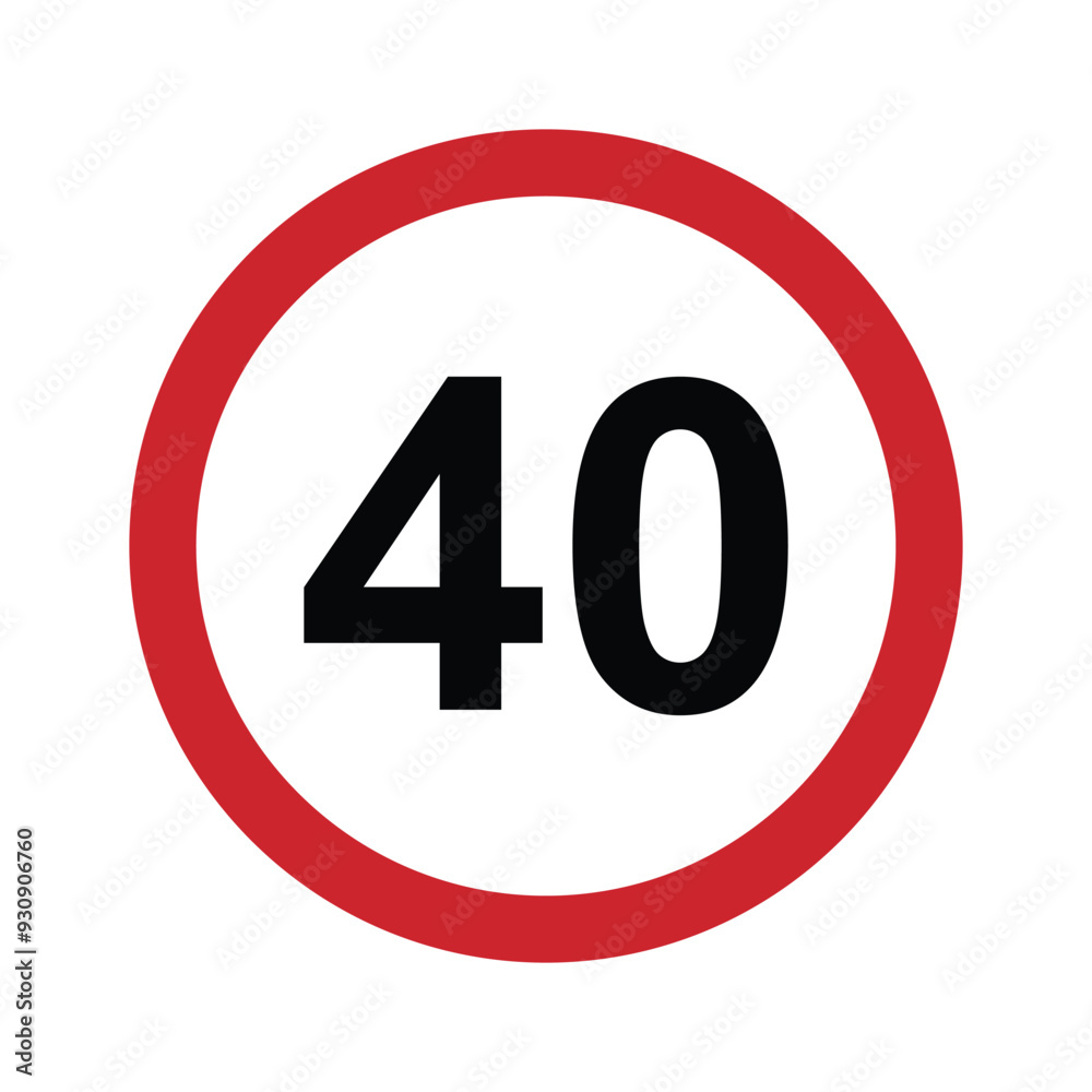 Speed limit 40 round road traffic icon sign flat style design vector illustration isolated on white background. Circle standard road sign with number 40kmh. Speed limit 40 round road traffic icon sign flat style design vector illustration isolated on white background. Circle standard road sign with number 40kmh.