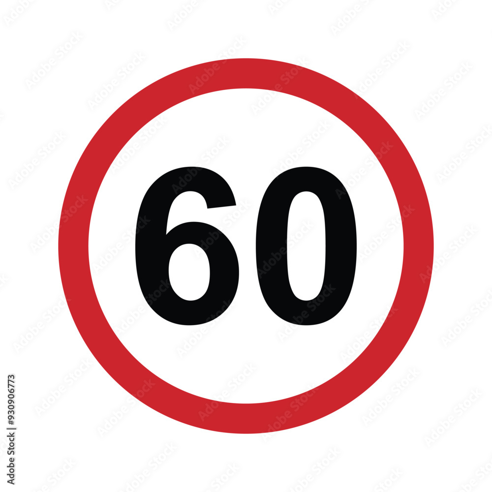 Speed limit 60 round road traffic icon sign flat style design vector illustration isolated on white background. Circle standard road sign with number 60kmh. Speed limit 60 round road traffic icon sign flat style design vector illustration isolated on white background. Circle standard road sign with number 60kmh.