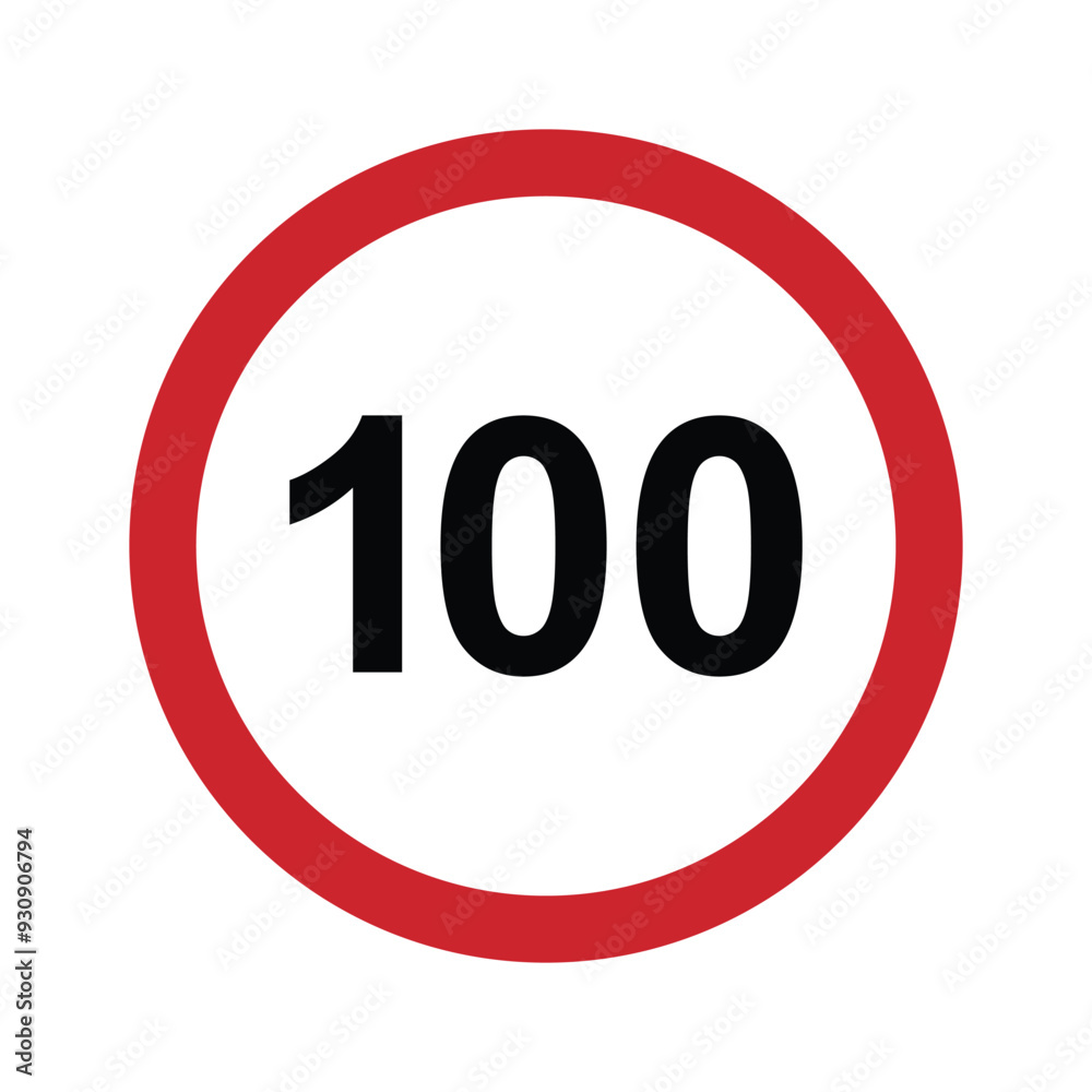 Speed limit 100 round road traffic icon sign flat style design vector illustration isolated on white background. Circle standard road sign with number 100kmh. Speed limit 100 round road traffic icon sign flat style design vector illustration isolated on white background. Circle standard road sign with number 100kmh.