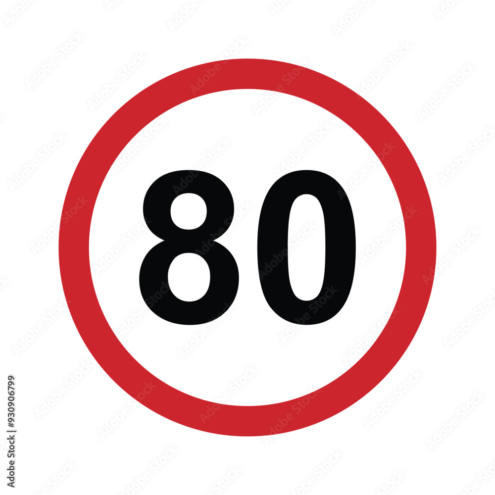 Speed limit 80 round road traffic icon sign flat style design vector illustration isolated on white background. Circle standard road sign with number 80kmh. Speed limit 80 round road traffic icon sign flat style design vector illustration isolated on white background. Circle standard road sign with number 80kmh.