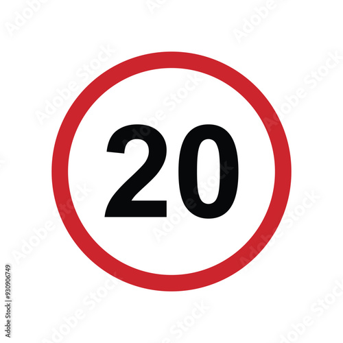 Speed limit 20 round road traffic icon sign flat style design vector illustration isolated on white background. Circle standard road sign with number 20kmh.