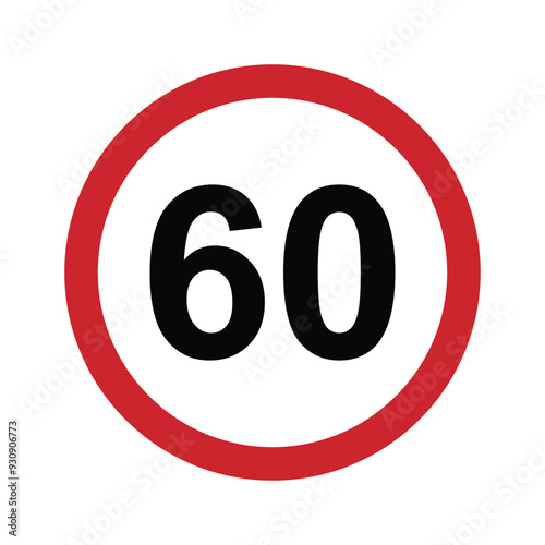 Speed limit 60 round road traffic icon sign flat style design vector illustration isolated on white background. Circle standard road sign with number 60kmh.