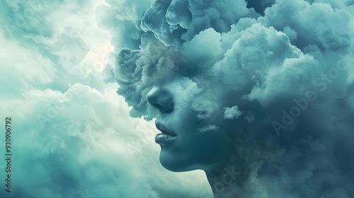 Surreal portrait of a woman with obscured face by cloud formation