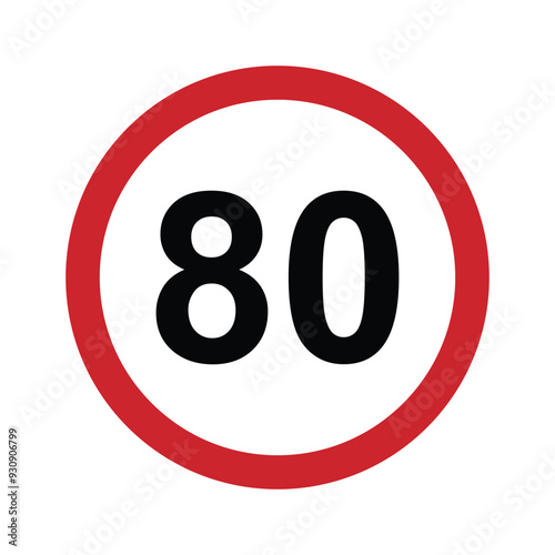 Speed limit 80 round road traffic icon sign flat style design vector illustration isolated on white background. Circle standard road sign with number 80kmh.