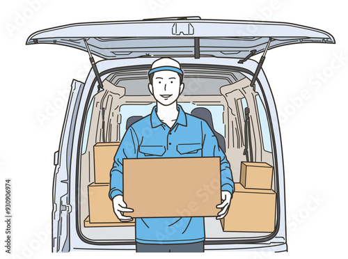車の前で段ボール箱を持つ作業服姿の男性