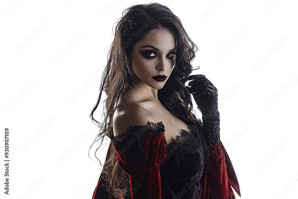 Halloween, Close-up of a gothic vampire woman with piercing red eyes, dark makeup, and lace attire, exuding a mysterious, seductive aura.
Halloween, Close-up of a gothic vampire woman with piercing red eyes, dark makeup, and lace attire, exuding a mysterious, seductive aura.
