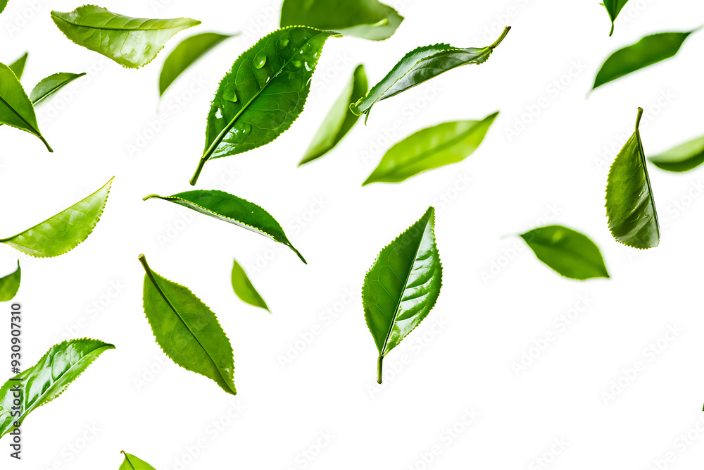 A vibrant arrangement of fresh green tea leaves scattered across a clean white background. The floating leaves create a dynamic, natural pattern with ample copy space A vibrant arrangement of fresh green tea leaves scattered across a clean white background. The floating leaves create a dynamic, natural pattern with ample copy space