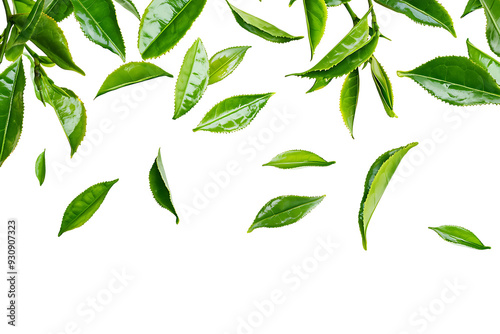 A vibrant arrangement of fresh green tea leaves scattered across a clean white background. The floating leaves create a dynamic, natural pattern with ample copy space