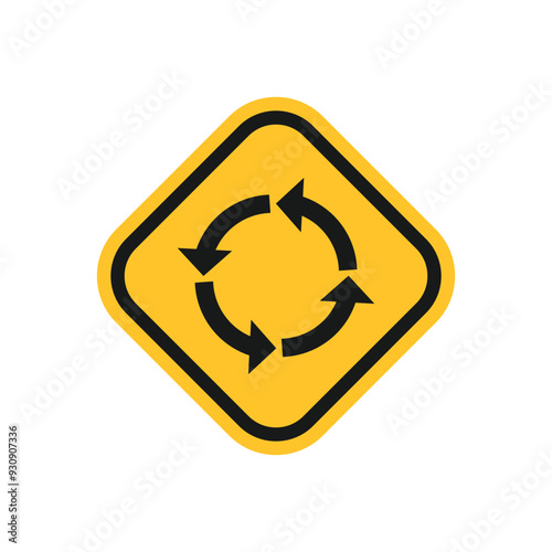 Roundabout sign. Yellow diamond shaped warning road sign. Diamond road sign. Rhombus road sign
