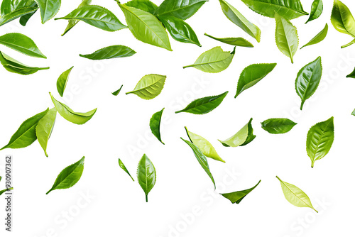 A vibrant arrangement of fresh green tea leaves scattered across a clean white background. The floating leaves create a dynamic, natural pattern with ample copy space