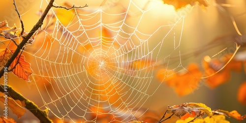 Autumn light illuminates spider web highlighting themes of interconnectedness fragility and perseverance photo