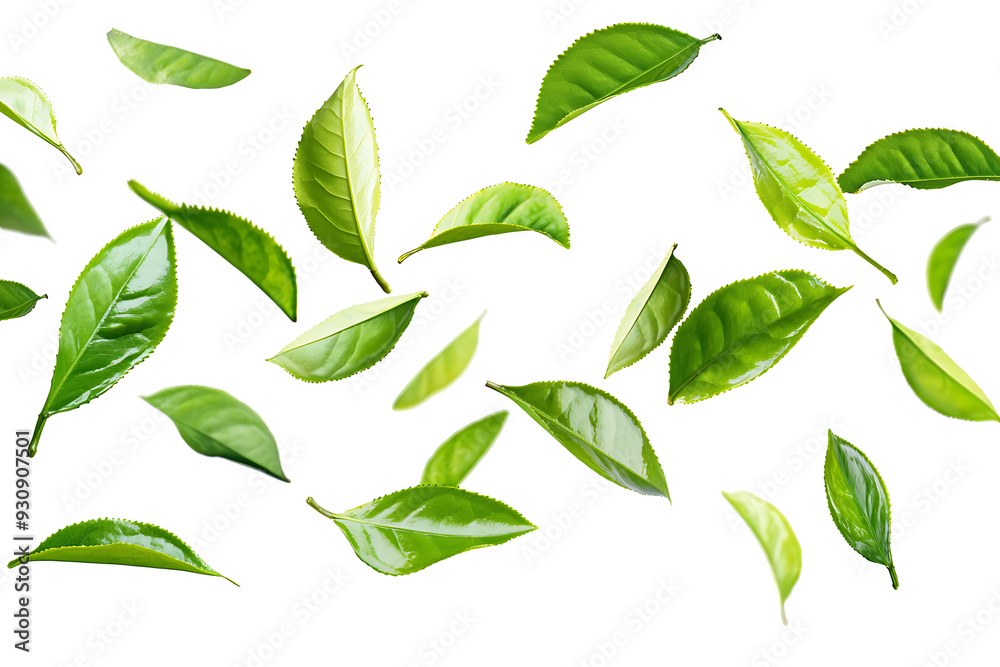 Naklejka premium A vibrant arrangement of fresh green tea leaves scattered across a clean white background. The floating leaves create a dynamic, natural pattern with ample copy space