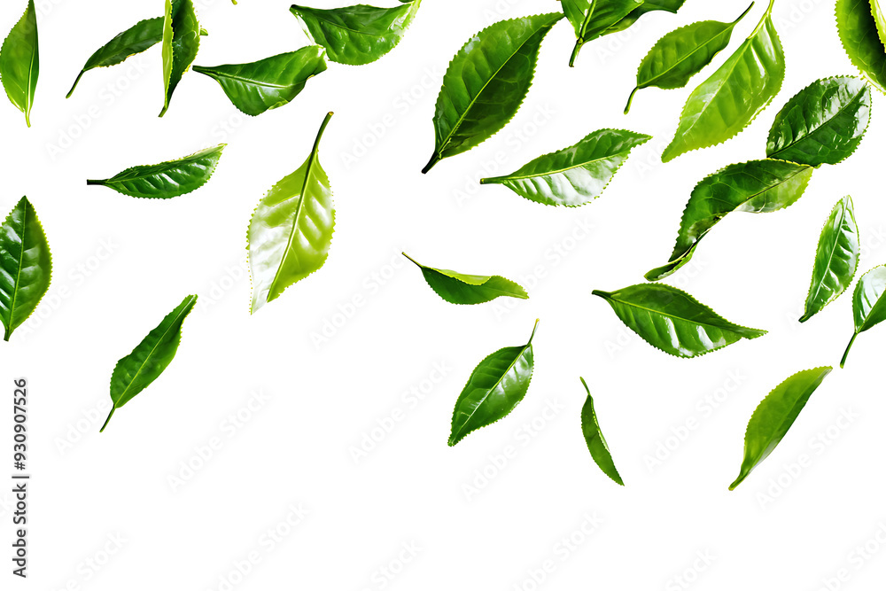 A vibrant arrangement of fresh green tea leaves scattered across a clean white background. The floating leaves create a dynamic, natural pattern with ample copy space A vibrant arrangement of fresh green tea leaves scattered across a clean white background. The floating leaves create a dynamic, natural pattern with ample copy space