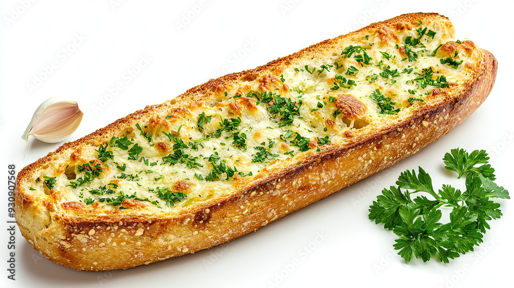 Garlic Bread with Fresh Parsley Isolated on White Background, Savory Snack, Crispy Baguette, Flavorful Herbs, Gourmet Appetizer, Delicious Cuisine, Rustic Food Photography Garlic Bread with Fresh Parsley Isolated on White Background, Savory Snack, Crispy Baguette, Flavorful Herbs, Gourmet Appetizer, Delicious Cuisine, Rustic Food Photography