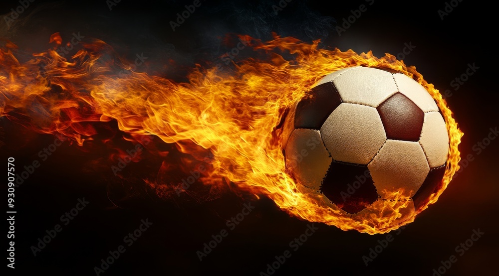 Naklejka premium A vibrant image of a flaming soccer ball, symbolizing unmatched speed and excitement in sports and competition