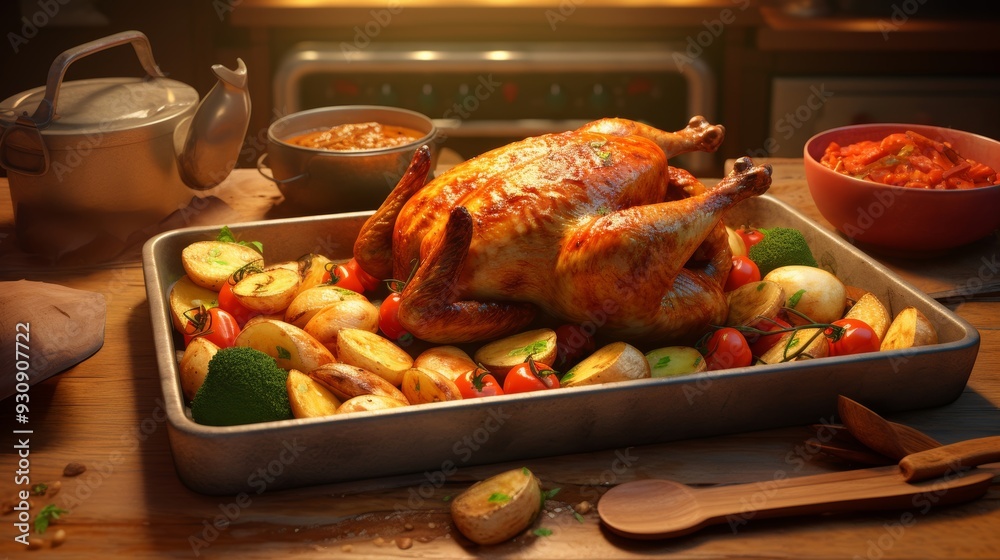 Fototapeta premium Roasted Chicken with Potatoes and Tomatoes - A Delicious Dinner