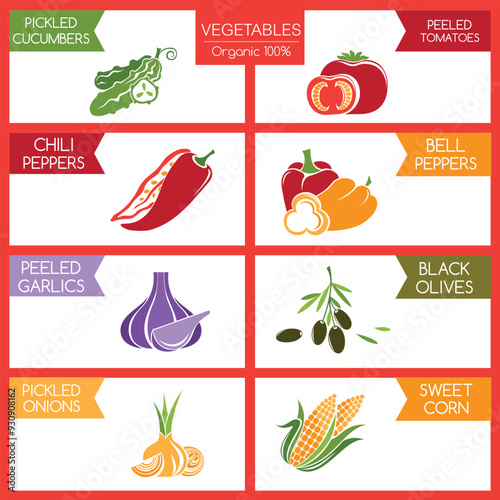 Vegetables and fruits vector cartoon icon set. 