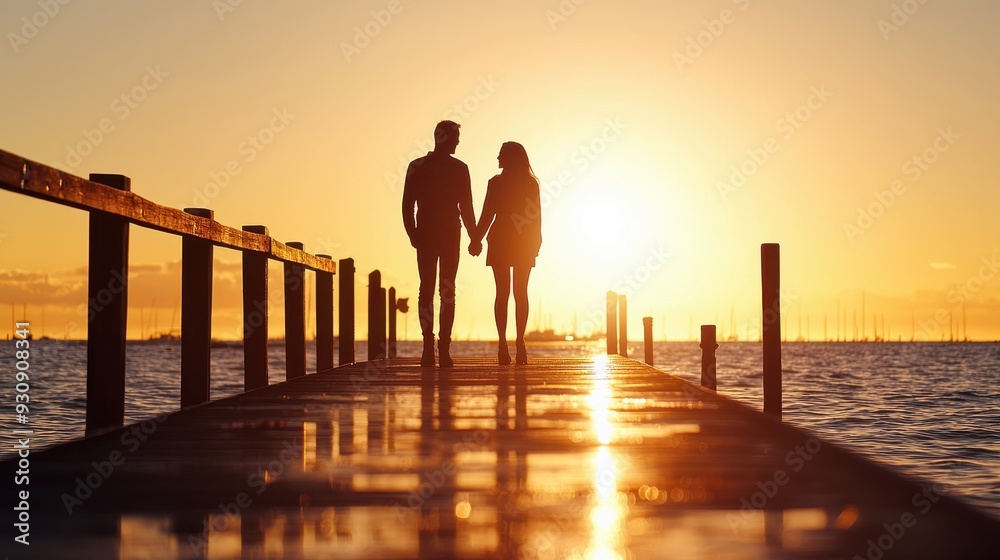 Silhouette Couple Walking on Pier at Sunset Silhouette Couple Walking on Pier at Sunset