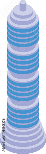Modern, futuristic skyscraper with blue accents stands tall against a white background