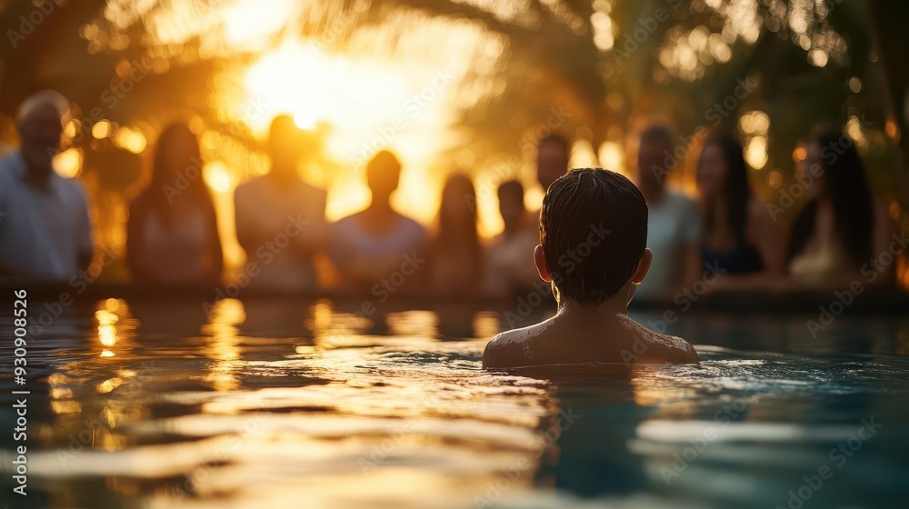 Conceptualize a Protestant baptism ceremony by immersion, with family and friends gathered around the baptismal pool Conceptualize a Protestant baptism ceremony by immersion, with family and friends gathered around the baptismal pool