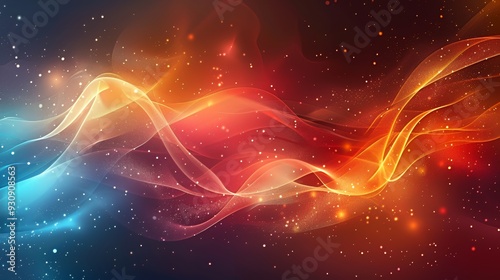 Abstract background with flowing lines and glowing particles in red, orange, blue and white colors.