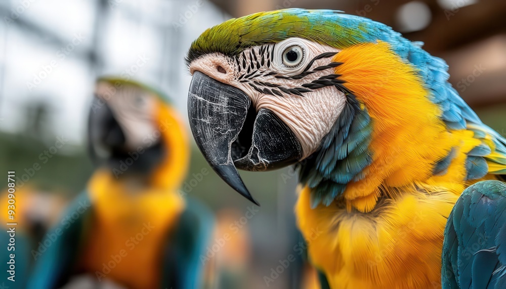 Obraz premium Depict a group of colorful macaw parrots interacting and socializing within a spacious, well-equipped aviary
