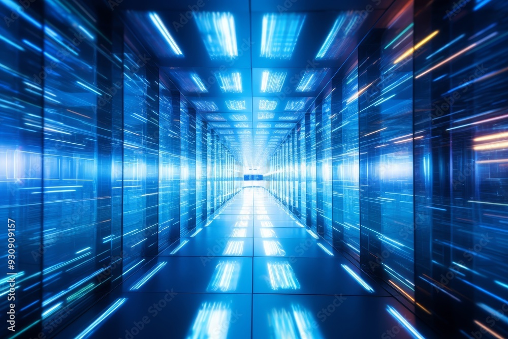 Futuristic Data Center: Server Room with Glowing Lights Futuristic Data Center: Server Room with Glowing Lights