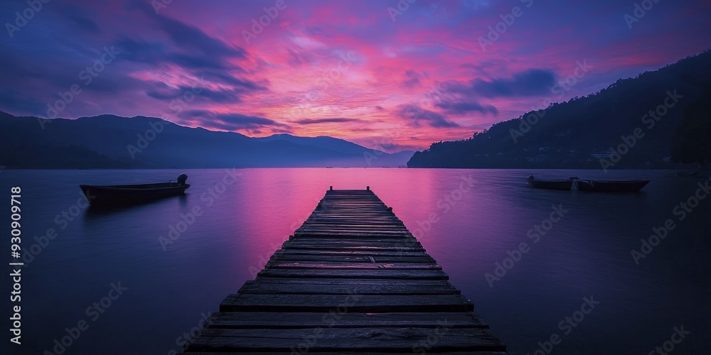 Naklejka premium A mesmerizing sunset scene from a rustic dock where boats rest peacefully beneath a sky alive with brilliant hues and drifting clouds.