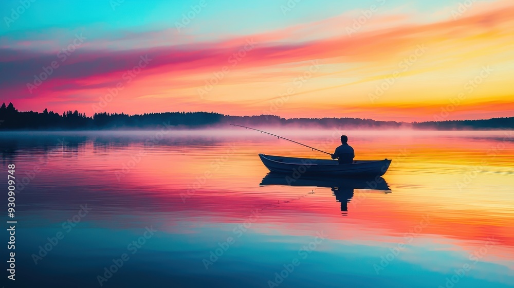 Silhouette of a Fisherman in a Rowboat on a Calm Lake at Sunset Silhouette of a Fisherman in a Rowboat on a Calm Lake at Sunset