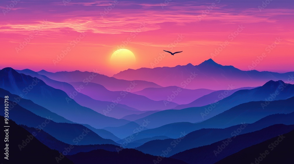 Stunning Sunset Over Mountain Range with Bird in Flight Stunning Sunset Over Mountain Range with Bird in Flight